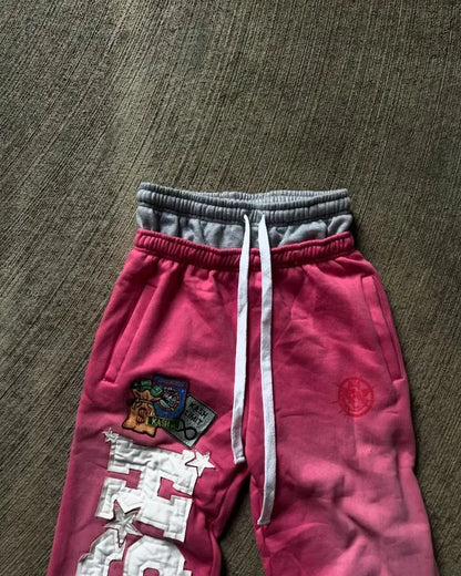 Streetwear Retro Pink Double Layer Sweatpants Y2K Men, Woman