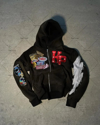 Retro Patchwork Letter Hoodie